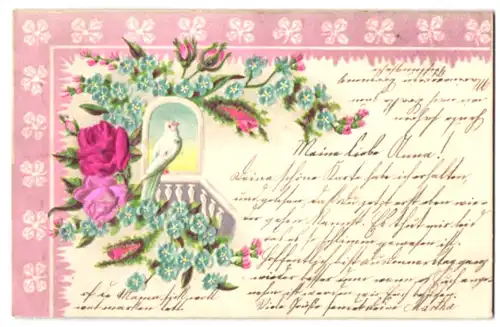 Stoff-Präge-AK Weisse Taube sitzt auf einem Geländer, Rosenblüten aus echtem Stoff