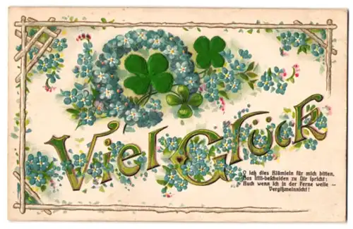 Stoff-Präge-AK Viel Glück, vierblättrige Kleeblätter aus echtem Stoff