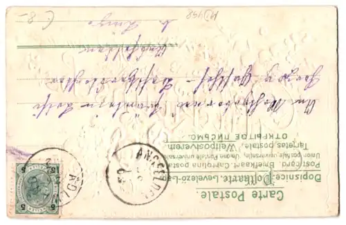 Stoff-Präge-AK Herzlichen Glückwunsch mit Rosenblüten aus echtem Stoff