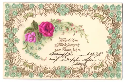 Stoff-Präge-AK Verzierung mit einem Blumenzweig und Rosenblüten aus echtem Stoff