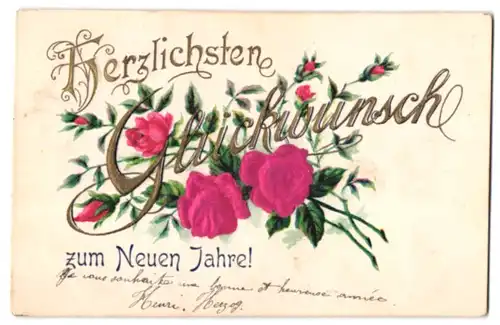 Stoff-Präge-AK Herzlichen Glückwunsch zum Neuen Jahre, Rosen aus echtem Stoff