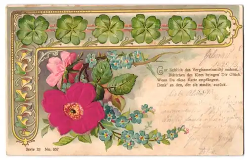 Stoff-Präge-AK Kleeblätter und Blumenzweig mit Blüten aus echtem Stoff
