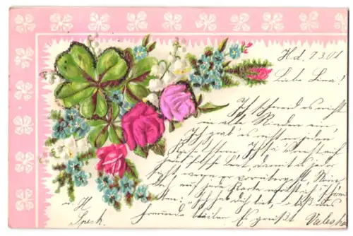 Stoff-Präge-AK Blumengebinde mit Kleeblättern und Rosen aus echtem Stoff
