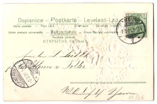 Stoff-Präge-AK Blumengebinde mit Kleeblättern und Rosen aus echtem Stoff