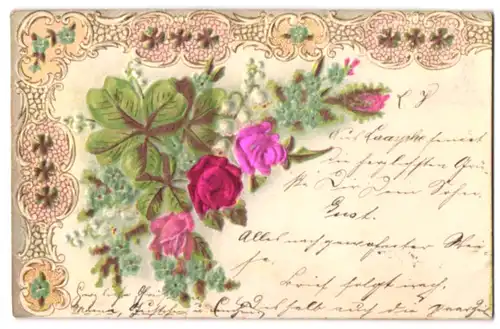 Stoff-Präge-AK Ornament mit Kleeblättern und Rosenblüten aus echtem Stoff
