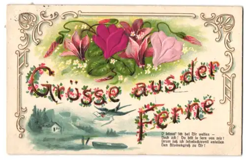 Stoff-Präge-AK Grüsse aus der Ferne, Lilien aus echtem Stoff