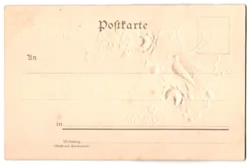 Stoff-Präge-AK Weisse Taube vor Glückskleeblatt und Rosen aus echtem Stoff