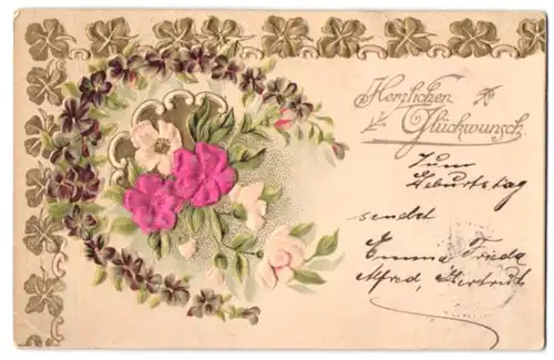 Stoff-Präge-AK Hufeisen aus Blüten umrandet rosafarbene Blumen aus echtem Stoff