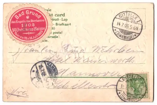 Stoff-Präge-AK Lebe Wohl, Lilafarbene Blüten aus echtem Stoff