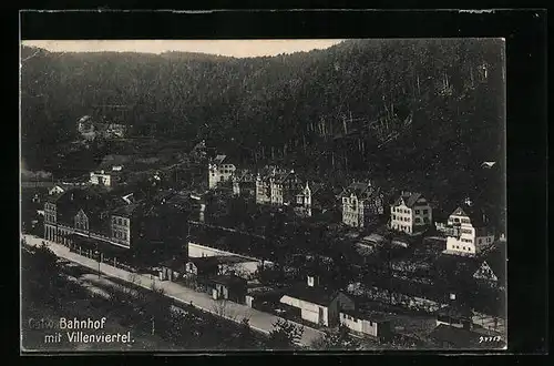 AK Calw, Bahnhof mit Villenviertel aus der Vogelschau