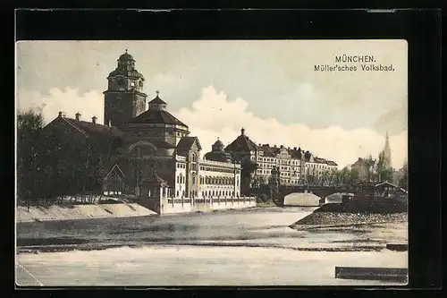 AK München, Müllersches Volksbad mit Isarbrücke