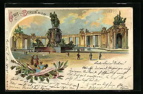 Lithographie Berlin, Partie am Kaiser Wilhelm Denkmal mit Passanten