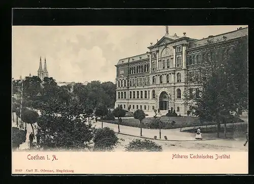 AK Coethen i. A., Höheres Technisches Institut mit Strasse aus der Vogelschau