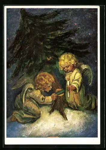 Künstler-AK Maria Spötl: Weihnachtszeit, Engelchen fällen Tannenbaum zum Feste