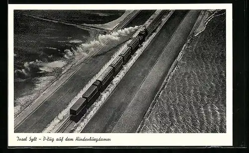 AK Insel Sylt, D-Zug auf dem Hindenburgdamm aus der Vogelschau