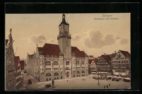 AK Stuttgart, Strassenpartie mit Marktplatz und Rathaus