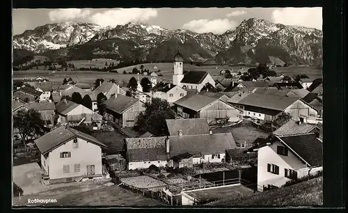 AK Rosshaupten, Teilansicht auf die Siedlung mit Blick auf die Berge