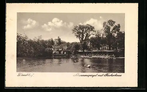 AK Düsseldorf, Flusspartie mit Schwanenspiegel und Blick auf das Fischerhaus