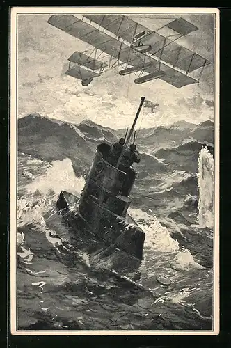 Künstler-AK Robert Kämmerer: Kampf zwischen Flieger und U-Boot