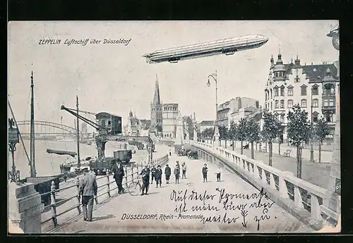 AK Düsseldorf, Zeppelins Luftschiff über der Rheinpromenade