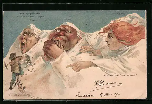 Künstler-AK Killinger Nr. 112: Die Jungfraubahn mit Eiger, Mönch und Jungfrau, Berg mit Gesicht / Berggesichter