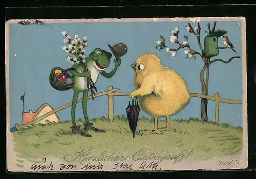 Künstler-AK Fritz Baumgarten: Ostergrüsse, Frosch im Gespräch mit einem Hühnerküken