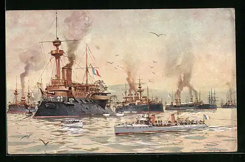 Künstler-AK Willy Stoewer: Französische Kriegsschiffe stechen in See
