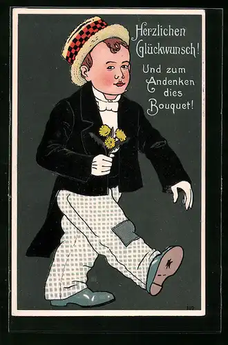 Lithographie Kleiner Kavalier mit Bouquet, Glückwunschkarte