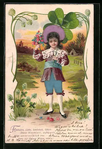 Lithographie Knabe mit riesigem Glücksklee-Blatt