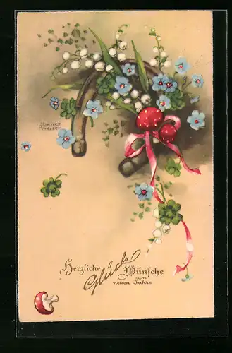 Künstler-AK Hannes Petersen: Blumen und Fliegenpilze auf Hufeisen, Neujahrsgruss