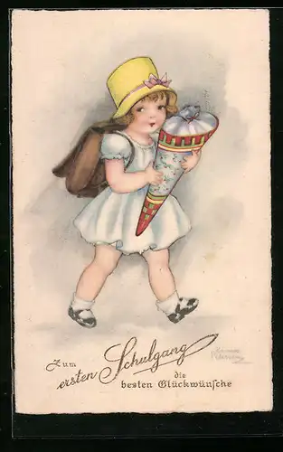 Künstler-AK Hannes Petersen: Erstlässlerin mit Schultüte am Einschulungstag, Glückwunschkarte