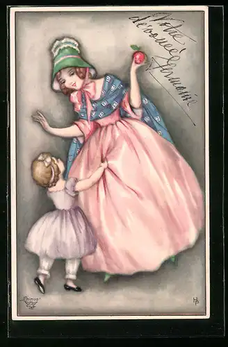 Künstler-AK Hannes Petersen: Junge Dame mit Apfel und kleines Mädchen
