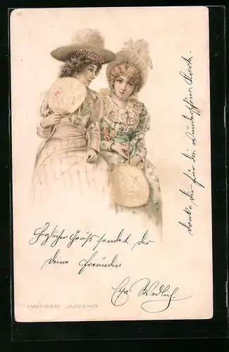 Künstler-AK Paris, Pariser Jugend - Zwei junge Damen mit Hüten und Fächern