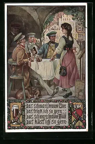 Künstler-AK Das schwarzbraune Bier, ..., studentische Szene im Biergarten