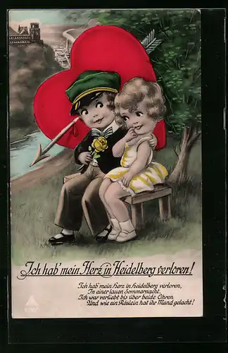 Künstler-AK Kleines Studentenpaar hat sein Herz in Heidelberg verloren