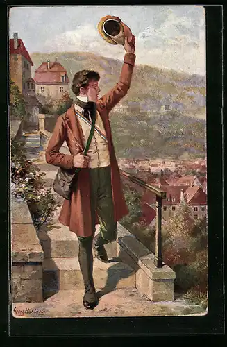 Künstler-AK Georg Mühlberg: Abschied nehmender Student über einer kleinen Stadt