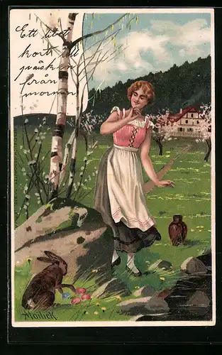 Künstler-AK Alfred Mailick: Dame mit Osterhasen zum Feste