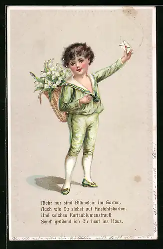 Präge-AK Junge überbringt Kartenblumenstrauss, Brief und Maiglöckchen, Kinder