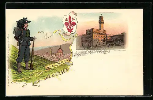 Lithographie Firenze, Palazzo Vecchio, Panorama et Alpini