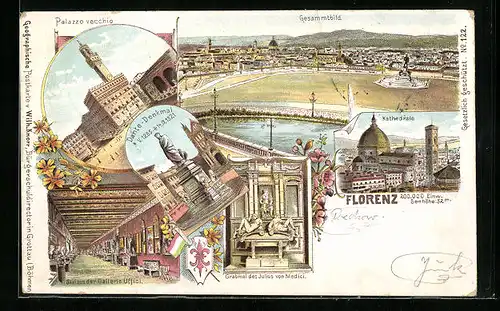 Lithographie Florenz, Palazzo veccio, Dante-Denkmal, Gesamtansicht, Kathedrale