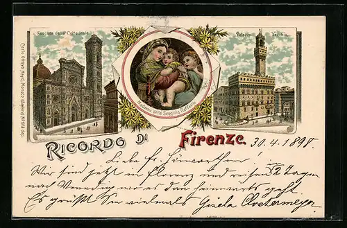 Lithographie Firenze, Facciata della Cattedrale, Palazzo Vecchio, Madonna della Seggiola Raffaello