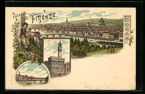 Lithographie Firenze, Ponte Vecchia, Palazzo Vecchia, Panorama