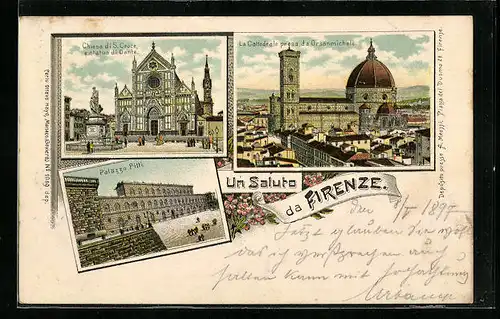 Lithographie Firenze, Ciesa di S. Croce e statua di Dante, La Cattedrale presa de Orsanmichele, Palazzo Pitti