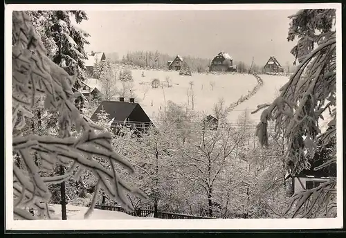 Fotografie Brück & Sohn Meissen, Ansicht Oberbärenburg i. Erzg., Blick in den verschneiten Ort mit Wohnhäsuern