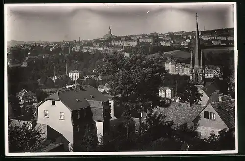 Fotografie Brück & Sohn Meissen, Ansicht Buchholz i. Erzg., Blick über die Dächer der Stadt mit Kirchtürmen