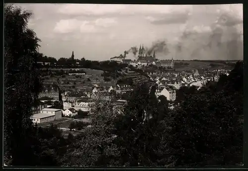 Fotografie Brück & Sohn Meissen, Ansicht Meissen i. Sa., Blick vom Stadtpark auf die Stadt mit rauchenden Schloten