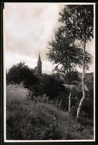 Fotografie Brück & Sohn Meissen, Ansicht Dahlen i. Sa., Blick von der Wiese auf den Ort mit Kirche, Himmel retuschiert