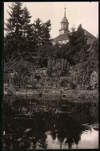 Fotografie Brück & Sohn Meissen, Ansicht Bischofswerda, Partie am Mühlteich mit Turm der Stadtkirche