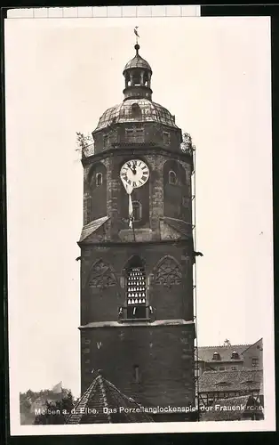 Fotografie Brück & Sohn Meissen, Ansicht Meissen, Turm der Frauenkirche mit Porzellan- Glockenspiel