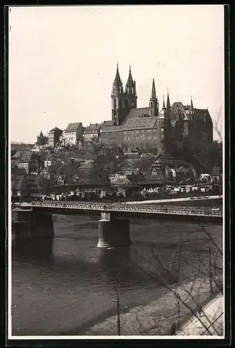 Fotografie Brück & Sohn Meissen, Ansicht Meissen, Elbbrücke vor Dom & Albrechtsburg